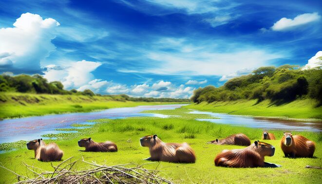 alt_text: Capybaras relax by a lush river in a vibrant South American landscape, under a bright sky.